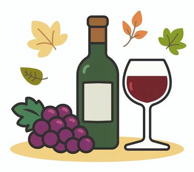 秋の味覚〜赤ワインと葡萄のイラストセット ワイン,ワイングラス,秋,ワインボトル,ぶどう,房,紅葉,葉,瓶,ボジョレーヌーボーのイラスト素材