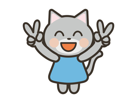 ダブルピースをする猫のキャラ 猫,ダブルピース,かわいい,笑顔,両手,ピース,喜ぶ,嬉しい,笑う,楽しいのイラスト素材