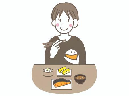 和食を食べる男性 和食を食べる男性 和食,朝ごはん,朝食,食べる,白米,ご飯,味噌汁,汁物,焼き魚,焼鮭のイラスト素材