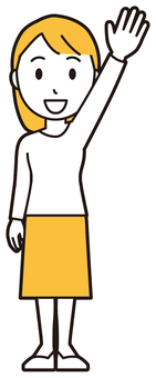  ロングヘア女性(黄)-551-全身 挙手,女性,女の子,人物,かわいい,手,若い,挿絵,素材,無料のイラスト素材