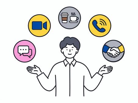 自由に選べる商談スタイルを示す男性 人物,男性,ビジネス,商談,方法,自由,選択,オンライン,面談,電話のイラスト素材