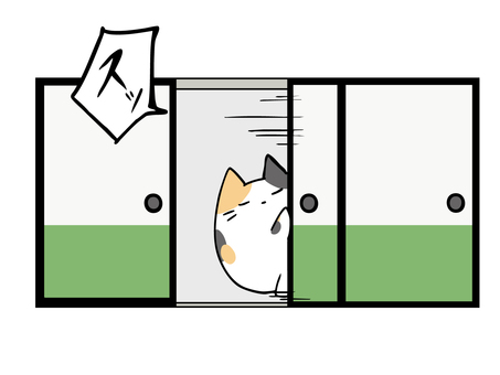ふすまから ねこ ねこ,三毛猫,襖,引き戸,進入,和,主線あり,イメージ,動物,ゆるかわのイラスト素材