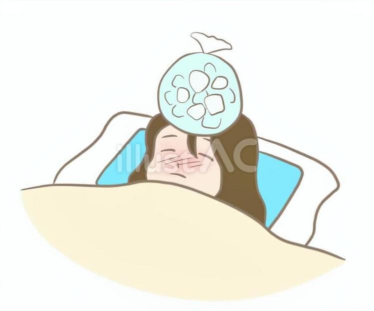 頭を冷やして寝る女性　頭痛　発熱　風邪 頭,冷やす,寝るのイラスト素材