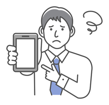 スマホの画面と男性会社員イラスト 人物,男性,ビジネスマン,サラリーマン,スマホ,会社員,日本人,悩む,困る,アジア人のイラスト素材