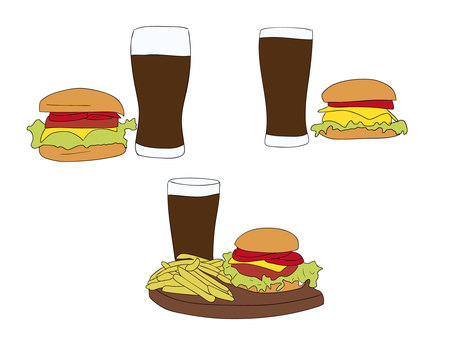 ハンバーガー　コーラ　ポテト ハンバーガー,サンドウィッチ,パン,肉,レタス,バンズ,ジャンクフード,ポテト,チーズ,トマトのイラスト素材