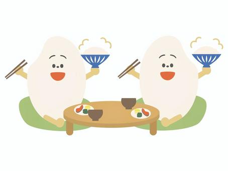 食卓を囲みご飯を食べる米粒のキャラクター 米粒,キャラクター,白米,日常,食卓,食べる,食事,おいしい,ポーズ,ゆるいのイラスト素材
