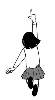 ジャンプして上を目指す女子生徒・モノクロ 人物,日本人,ベクター,若い,白バック,1人,全身,手,サイン,矢印のイラスト素材