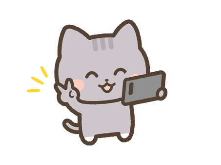 自撮りでピースするねこ（サバトラ） ねこ,スマホ,自撮りのイラスト素材