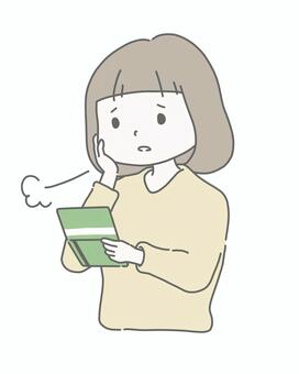 通帳を見てため息をつく主婦 女性,主婦,母親,家計,通帳,口座,貯金,残高,お金,出費のイラスト素材