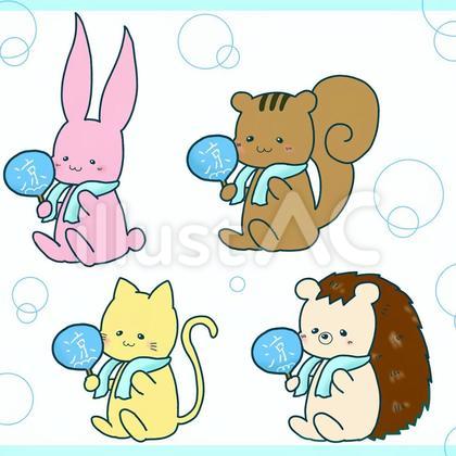 うちわで涼む動物セットイラスト