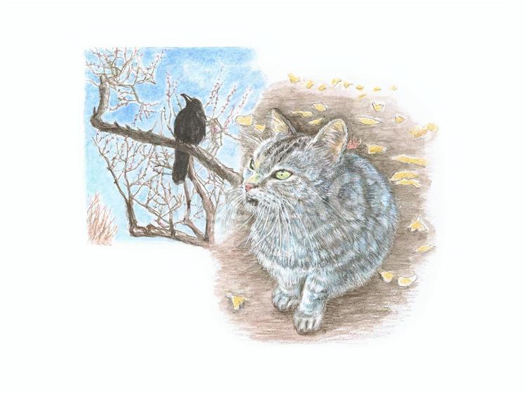 梅の枝にとまるカラスを見上げる猫 カラス,梅,枝のイラスト素材