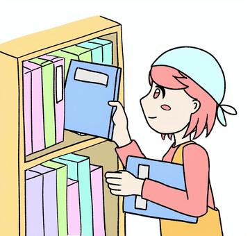 桃色の女の子が片付けしている ピンク,かわいい,手描き,片付け,整理整頓,書類整理,大掃除,掃除,家事,収納のイラスト素材
