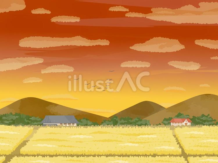 秋の日本の田園風景のイラスト素材２ 秋,夕暮れ,夕空のイラスト素材