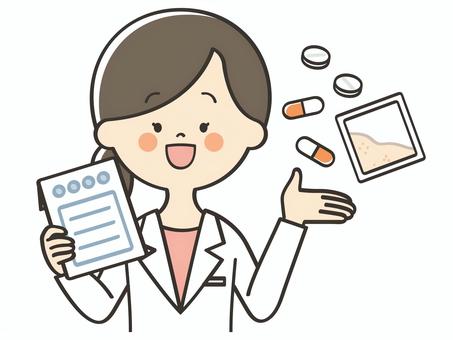 薬の説明をする白衣の女性 紹介,案内,説明,教える,アドバイス,重要,女医,医者,医師,看護師のイラスト素材