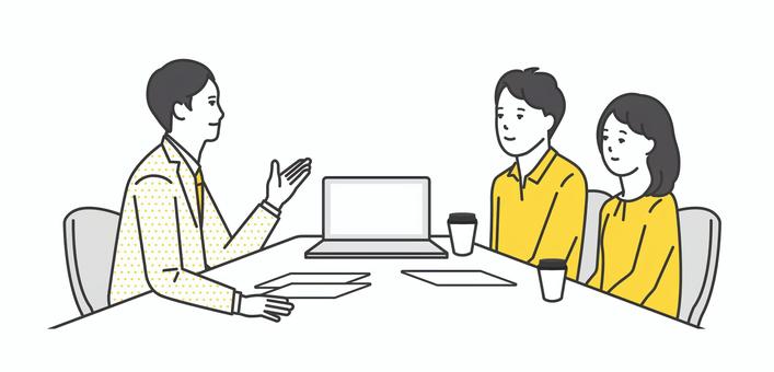 窓口でお客様の接客をするビジネスパーソン 説明,相談,提案,商談,接客,打ち合わせ,窓口,カウンター,案内,営業のイラスト素材