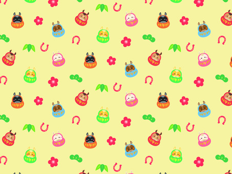 CMYK/午だるまパターンの壁紙/黄 午,だるま,パターン,壁紙,ポップ,ベクター,蹄鉄,梅,竹,松のイラスト素材