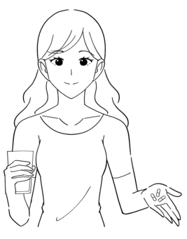 サプリを飲む女性の白黒イラスト