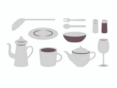 カトラリーのイラスト 食器,フォーク,スプーン,ボウル,皿,グラス,ポット,コップ,マグカップ,グルメのイラスト素材