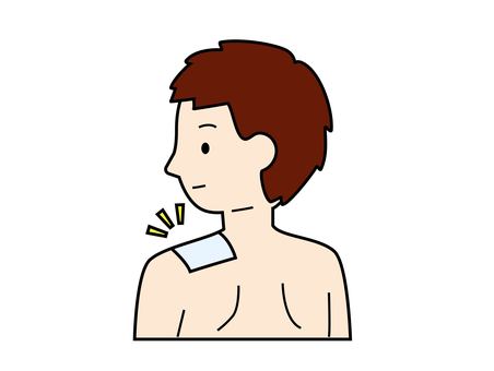 湿布を肩に貼った男性のイラスト、線あり 湿布,健康,肩こり,人物,男性,大人,上半身,後ろ,背中,ケガのイラスト素材