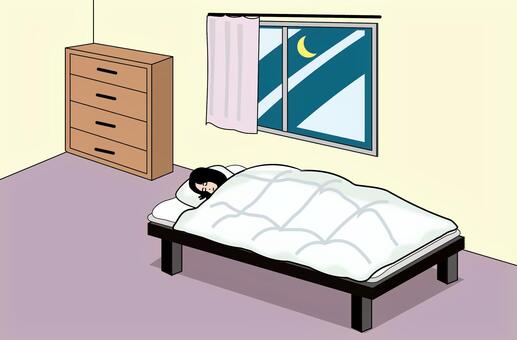部屋女性ベッド 部屋,寝る,女性,夜,ベッド,窓,月,カーテン,室内,自宅のイラスト素材