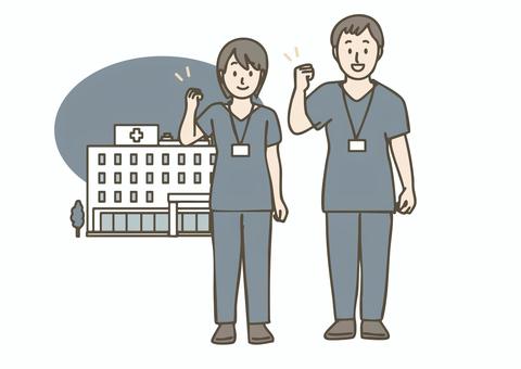 病院とガッツポーズの医療スタッフ 病院,夜間,救急,医療,スタッフ,医師,看護師,ドクター,ナース,スクラブのイラスト素材