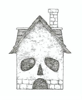 怖い家をイメージした手描きイラスト 建物,煙突,ホラー,ドクロ,手描き,リアル,モノクロ,挿絵,白バック,線画のイラスト素材