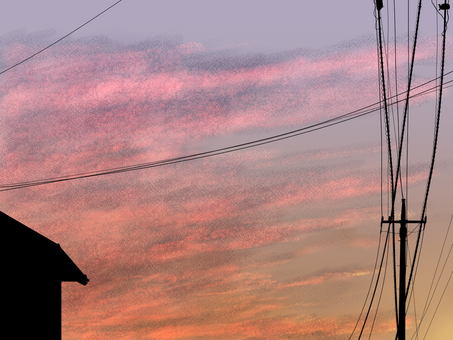 町からの夕焼け空 夕焼け,電信柱,電線,空,夕方,黄昏,家,町,風景,シルエットのイラスト素材