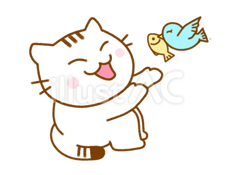 小鳥と魚と白猫 ねこ,猫,白猫のイラスト素材