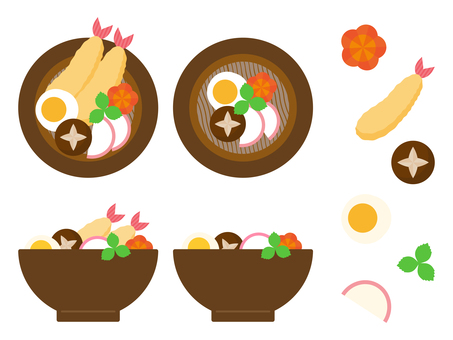 年越しそばのイラスト素材セット01 年越しそば,天ぷらそば,蕎麦,麺類,食べ物,人参,椎茸,天ぷら,海老天,卵のイラスト素材