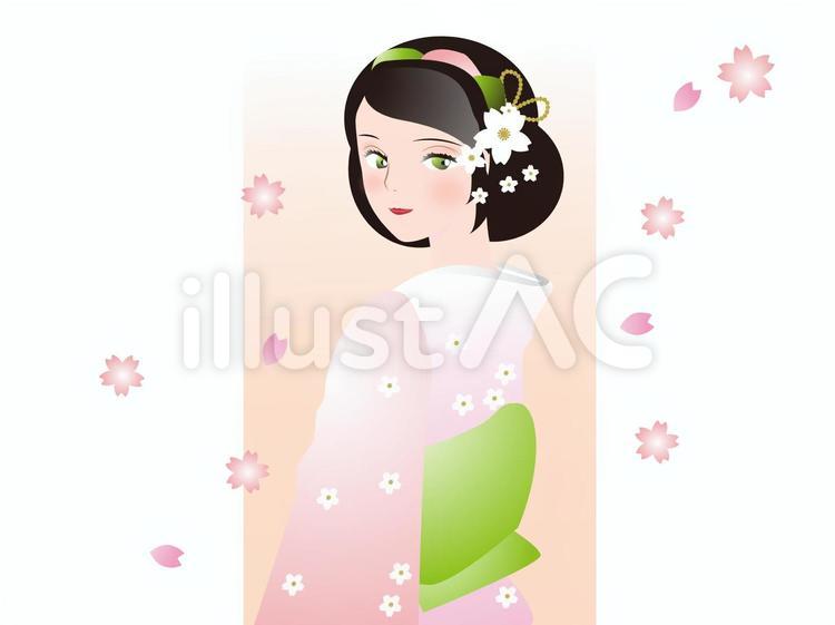 桜 女性,和風,着物のイラスト素材