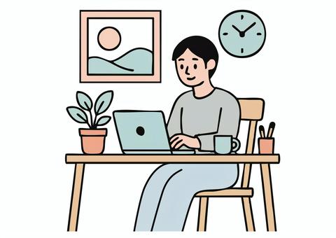 在宅勤務をする男性のイラスト 男性,パソコン,ノートパソコン,作業,家,仕事,部屋,在宅勤務,テレワーク,デスクワークのイラスト素材