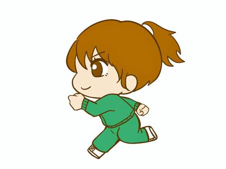 ジャージで走る女の子 学年色緑 ジャージ,女の子,走る,ポニーテール,学生,全身絵,萌え系,ちびキャラ,かわいい系のイラスト素材