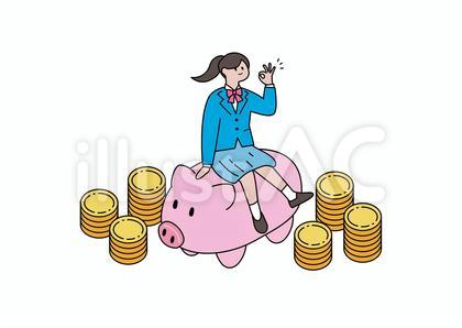豚の貯金箱に乗る女子学生