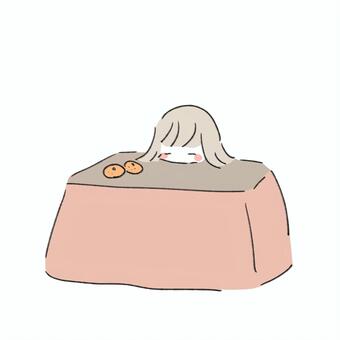 こたつに入る女性 こたつ,みかん,炬燵,女,シンプル,ゆるい,かわいい,手描き,リラックス,睡眠のイラスト素材