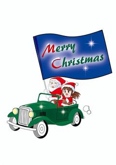 サンタ_クリスマスドライブ クリスマス,サンタクロース,クラシックカー,メリークリスマス,旗,ドライブ,可愛い,イラスト,xmas,12月のイラスト素材