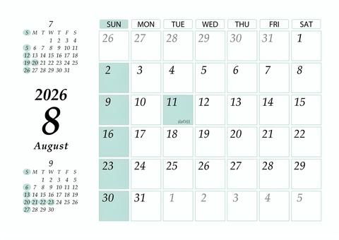 2026 8月 日曜始 カレンダー 横 カレンダー,2026年,2026,令和8,r8,8月,8,august,a4,マンスリーのイラスト素材