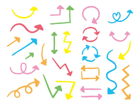 手描きカラフル矢印セット2 矢印,手描き,手書き,フリーハンド,カラフル,シンプル,上矢印,下矢印,右矢印,左矢印のイラスト素材
