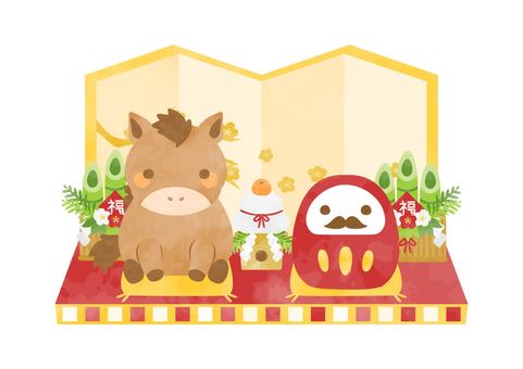 金屛風の前に座るお馬さんとダルマさん 金屛風の前に座るお馬さんとダルマさん 馬,動物,干支のイラスト素材