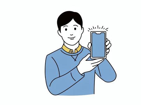 スマートフォンの画面を見せる男性 人物,男性,スマホ,スマートフォン,ケータイ,見せる,提示,説明,案内,紹介のイラスト素材