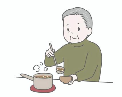味噌汁をよそうおじいさん 高齢者,料理,汁物,食事,調理,みそ汁,お玉,お椀,湯気,温かいのイラスト素材