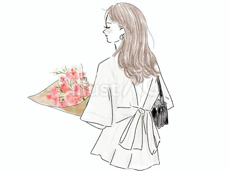 ピンクの花束を持つ女性の後ろ姿　水彩 女性,ブーケ,花束のイラスト素材