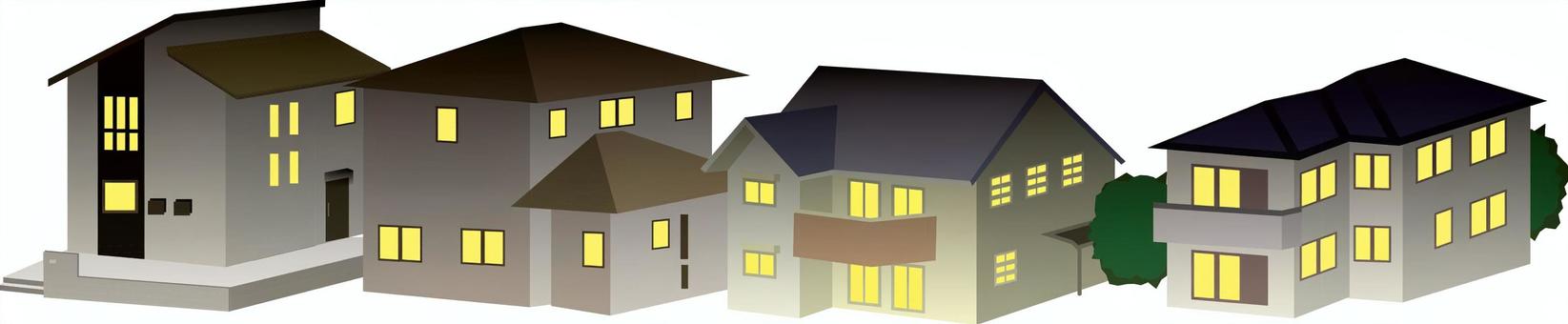 夜-住宅地　 夜,住宅地,明かり,電気,生活,住宅,一軒家,屋根,窓,風景のイラスト素材