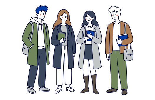 秋冬服の大学生グループのイラスト 人物,男女,大学生,学生,若者,グループ,友達,青春,秋,冬のイラスト素材