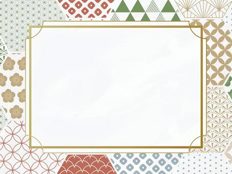 亀甲配置の和柄背景 ゴールドフレーム  亀甲,青,赤,黄色,緑,冬,年賀状,新年,謹賀新年,梅のイラスト素材