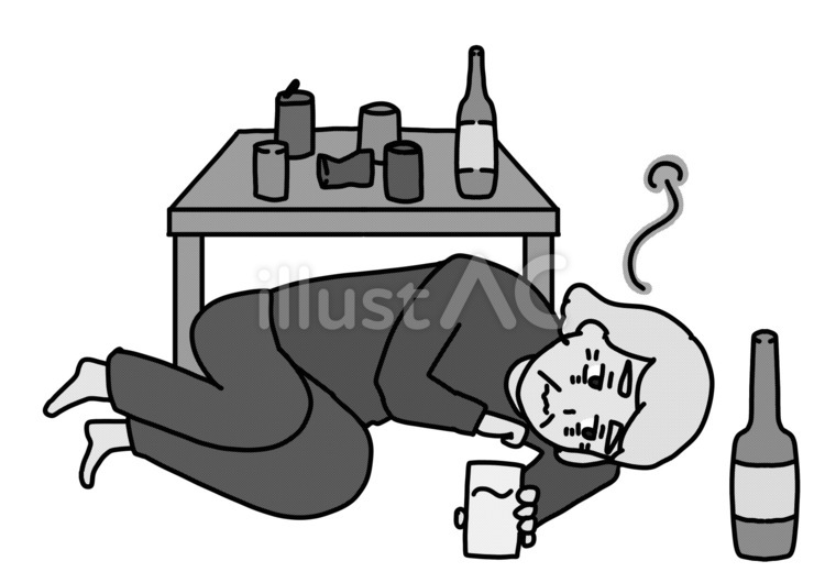 アルコール中毒のおばあさん　白黒 アルコール中毒,おばあさん,女性のイラスト素材