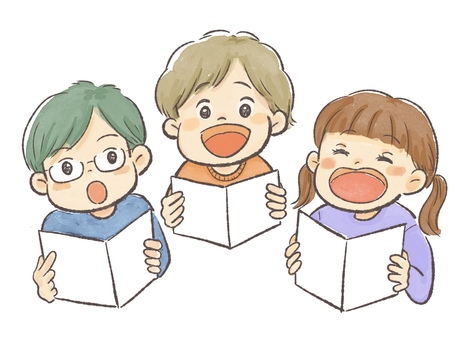 歌ったり音読したりする男の子と女の子 水彩,手描き,レトロ,男の子,女の子,小学生,幼稚園,園児,小学校,歌のイラスト素材