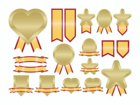 いろいろセット黄赤2 あしらい,フレーム,メダル,リボン,レトロ,シルエット,かわいい,見出し,飾り,デザインのイラスト素材