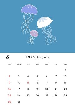 2026年 8月 カレンダー 2026年,8月,カレンダー,くらげ,おしゃれ,北欧,イラスト,手描き,素材,可愛いのイラスト素材