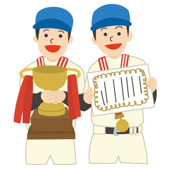 トロフィーと賞状を持つ野球少年 野球,優勝,男の子,笑顔,チームメイト,トロフィー,野球少年団,子供,表情,メダルのイラスト素材