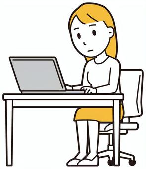  ロングヘア女性(黄)-062-全身 パソコン,女性,女の子,人物,かわいい,デスク,机,インターネット,仕事,座るのイラスト素材